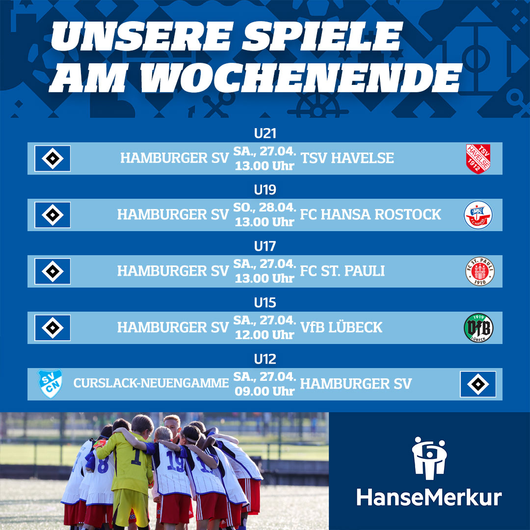 'Gib mir 5⃣' - unser Programm für das anstehende Wochenende. 🙌

Für unsere #U17 ist das Stadtderby gegen den FC St. Pauli bereits das letzte Spiel in der B-Junioren-Bundesliga in dieser Saison. Gönnt euch einen erfolgreichen Abschluss, Jungs! 🤩

#nurderHSV #HSVYoungTalents