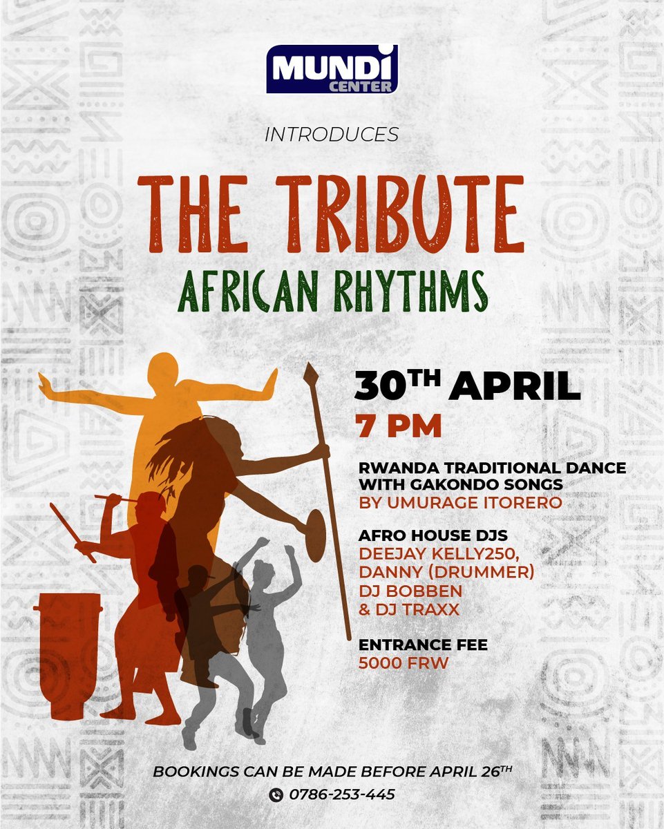 Calling all Afro pop culture enthusiasts! Get ready to groove at the African Rhythms Event on April 30th!🔥 This epic night features:  Traditional dance performance by UMURAGE Itorero.  Afro House infectious rhythms spun by amazing DJs.  Entrance fee is only 5,000 RWF! Don't miss