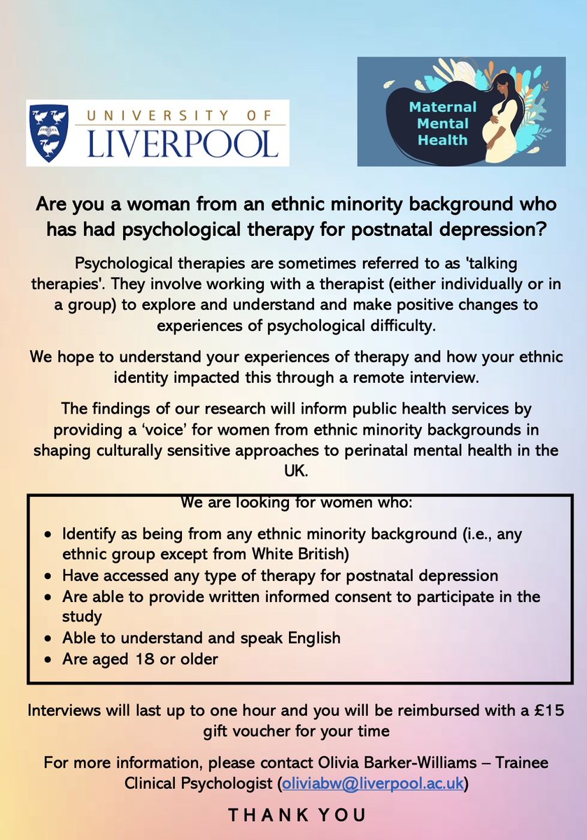 Stephanie Heys (@phd_midwife) on Twitter photo Currently supervising an amazing DClinPsy trainee undertaking a much needed study focused on exploring the experiences of ethnic minority women who have received phychological therapies for postnatal depression. Please share far and wide <a href="/LivUni/">University of Liverpool</a> @livunipcmh <a href="/Improvingme1/">Improving Me</a> Currently supervising an amazing DClinPsy trainee undertaking a much needed study focused on exploring the experiences of ethnic minority women who have received phychological therapies for postnatal depression. Please share far and wide <a href="/LivUni/">University of Liverpool</a> @livunipcmh <a href="/Improvingme1/">Improving Me</a>