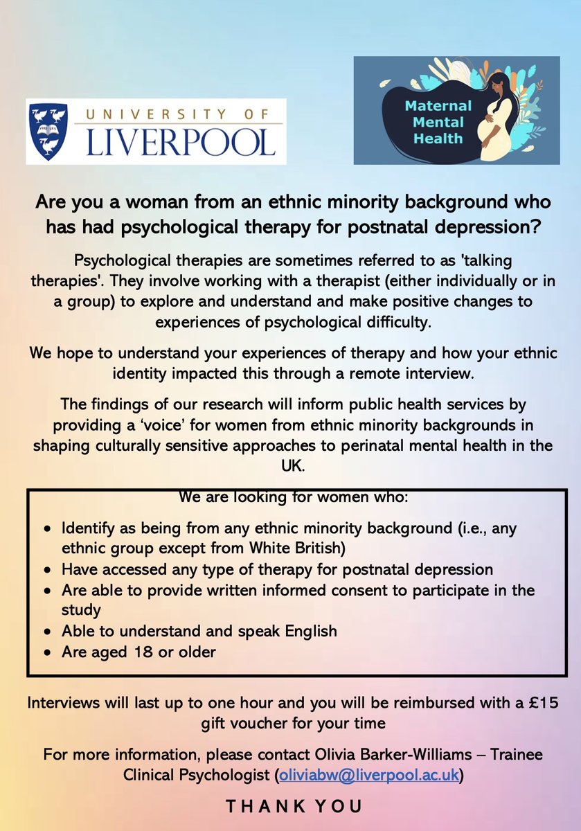 Currently supervising an amazing DClinPsy trainee undertaking a much needed study focused on exploring the experiences of ethnic minority women who have received phychological therapies for postnatal depression. Please share far and wide @LivUni @livunipcmh @Improvingme1