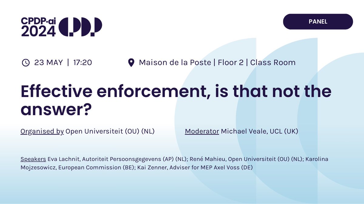 Did the lessons learned from the GDPR contribute to a better system of enforcement in the AI-act? Organised by @OU_Nederland with @mikarv @UCLLaws, Eva Lachnit @toezicht_AP, @ReneLPMahieu @OU_Nederland, Karolina Mojzesowicz @EU_Commission, @ZennerBXL @AxelVossMdEP #CPDPai2024