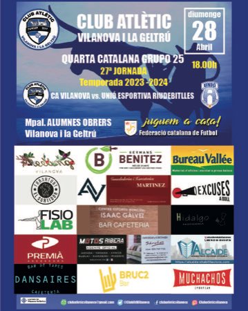 Este domingo 28 de abril recibimos al Riudebitlles , después de la victoria de la semana pasada queremos darle continuidad.
Ven a animarnos .
Ojo a las 18 horas