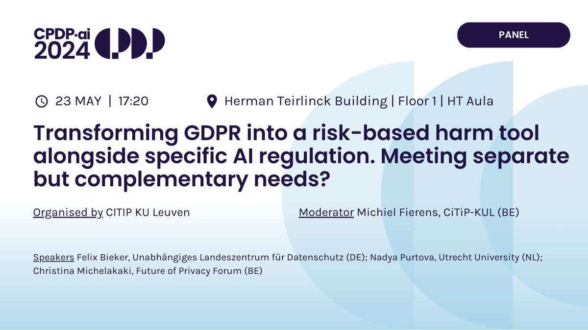 Is a risk-based harm approach a beneficial way to make the GDPR a more general data law, making it an ideal partner of the AI Act? Organised by @CiTiP_KULeuven with @MichielFierens, @FelixBieker, @Nadya_Purtova @UniUtrecht, @mcl_Christina @futureofprivacy #CPDPai2024