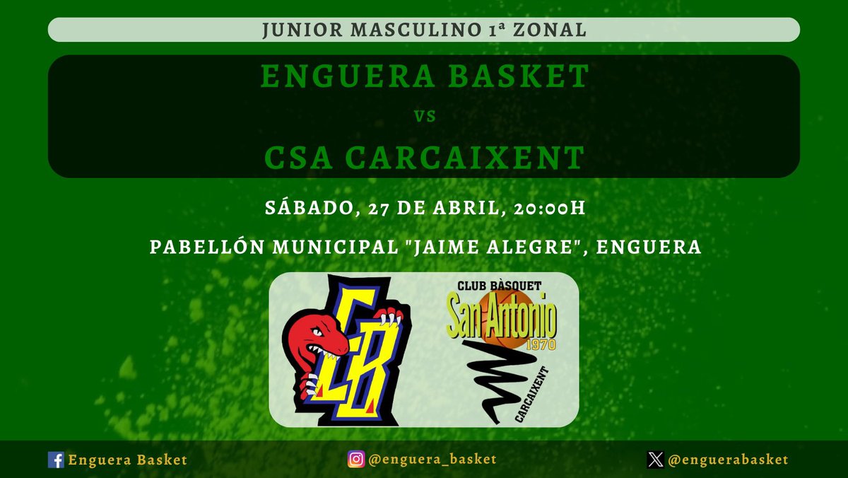 enguerabasket's tweet photo. 🏀 Jornada 26 
🟢 Junior Masculino 1ª Zonal 
🏠 𝐄𝐧𝐠𝐮𝐞𝐫𝐚 𝐁𝐚𝐬𝐤𝐞𝐭 
🆚 CSA Carcaixent 
📅 Sábado, 27 de abril 
⏰ 20:00h 

¡𝟏, 𝟐, 𝟑, 𝐄𝐍𝐆𝐑𝐀! 
💛🖤💛🖤💛🖤 https://t.co/TfkjmVwCol