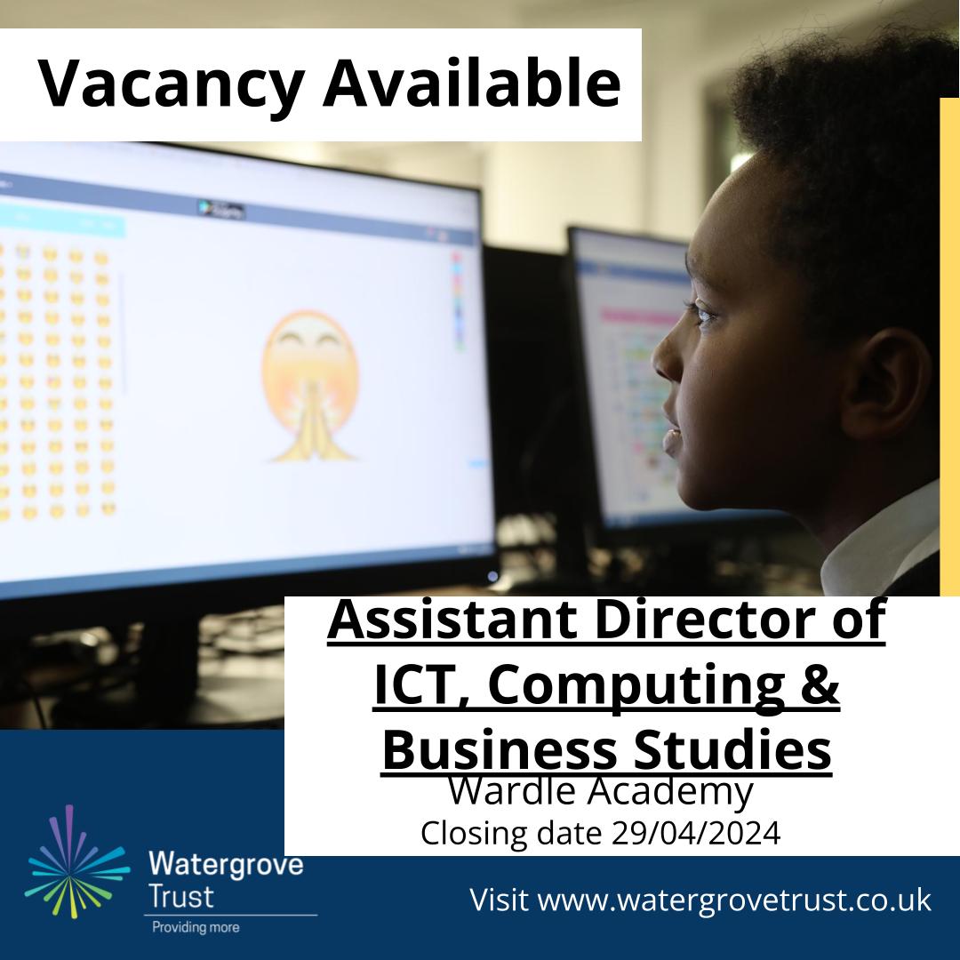 New Vacancy Alert! 🚨

Are you ready for the next step in your career? Wardle Academy seeks an Assistant Director of ICT, Computing and Business Studies

Apply here: bit.ly/43OrRJ4

#providingmore #watergrovetrust #getrochdaleworking #thewardleway #