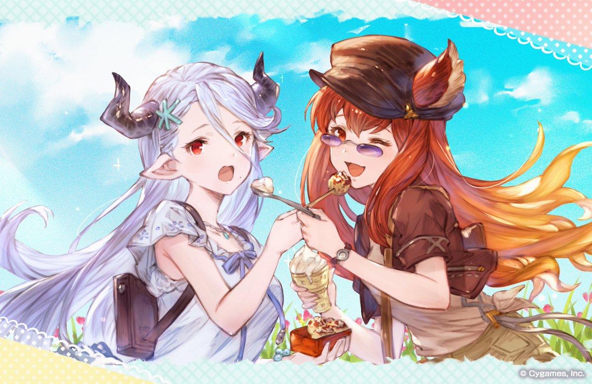 granbluefantasy's tweet photo. 【グランブルーファンタジー】皆さま、GWはどのように過ごされますか？本日はイラストチームより、青空の下お出かけを楽しむイシュミールとアンスリアのイラストをお届け！お互い食べているものが気になったのか、アイスクリームとたこ焼きを交換こ！皆さまも素敵な休日をお過ごしください！ #グラブル https://t.co/uOHipuredZ