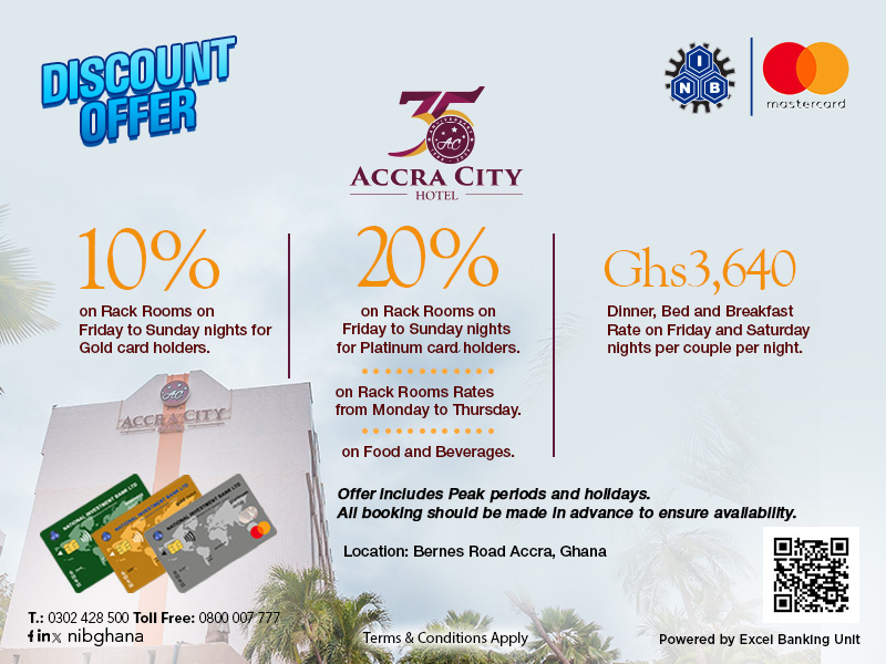 NIBGHANA's tweet photo. Accra City Hotel is offering NIB MasterCard holders discounted rates on rooms, food, and beverages. Book now for a good time!
#NIB
#MasterCard
#AccraCityhotel
#discountservices
#NIBYourbusinessisourbusiness https://t.co/X9WfQ3qHAx