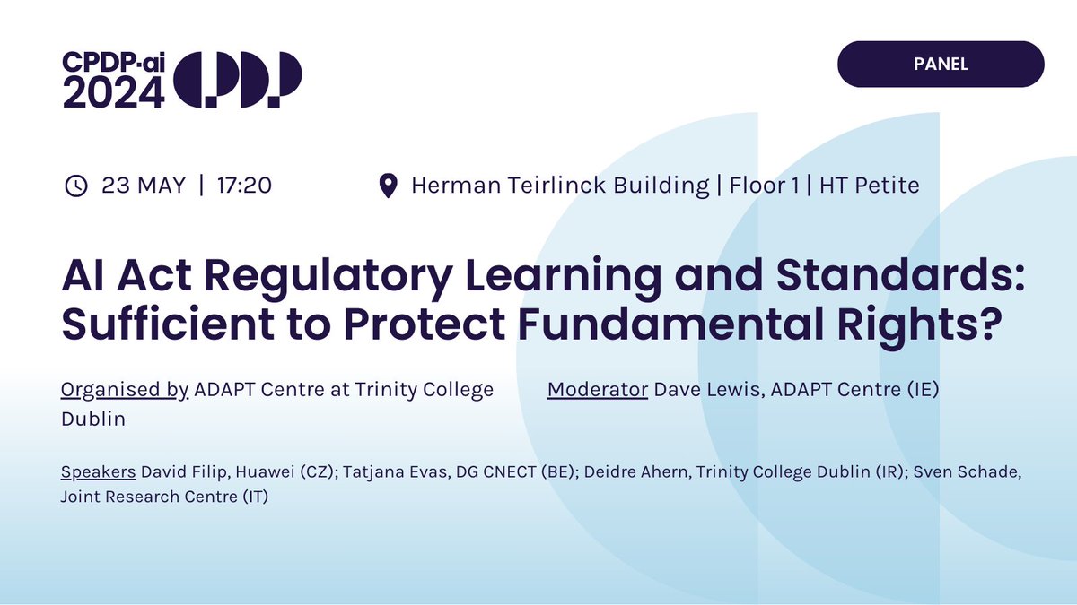 With the political agreement on the AI Act now in place, the spotlight shifts to it technical implementation. Organised by @AdaptCentre with Dave Lewis, @merzbauer @Huawei, Tatjana Evas, @ahern_Deirdre @TCDLawSchool, @innovatearth @EU_Commission #CPDPai2024 #CPDPconferences