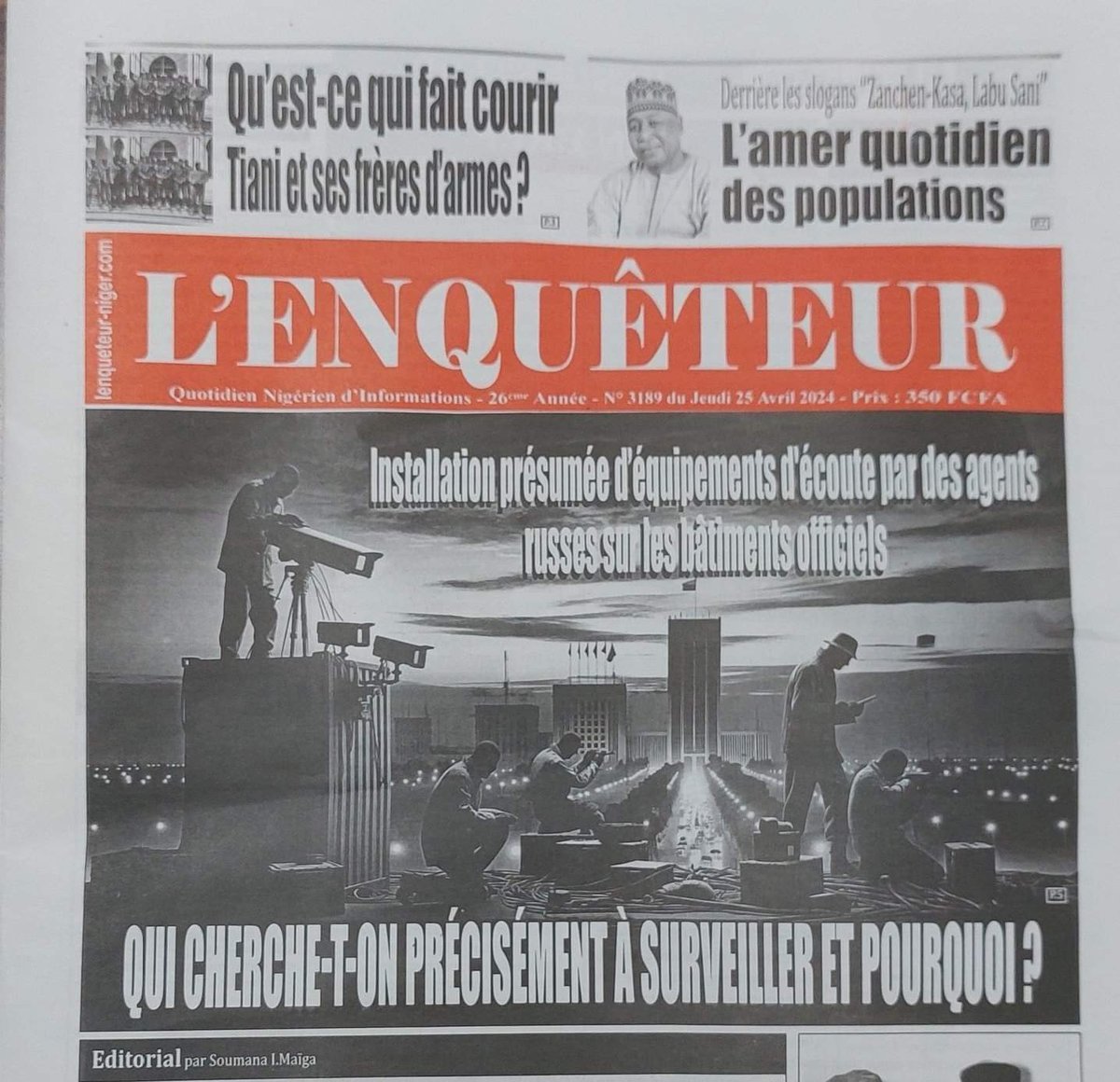 #Niger le Directeur de publication du principal quotidien privé "L'ENQUÊTEUR" a été interpellé hier à la #Police judiciaire de #Niamey. Selon le cadre d'action de la presse (CAP), c'est un article portant sur des installations d'écoute qui serait le motif de l'interpellation.