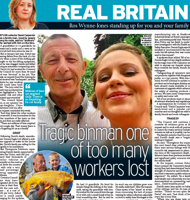 Heartbreaking story for #RealBritain to mark International Workers Memorial Day #IWMD. David Carpenter was killed doing job he loved as a binman, when his clothing caught in bin-lifting machinery. His family is campaigning to make bin lorries safer. mirror.co.uk/news/uk-news/b…