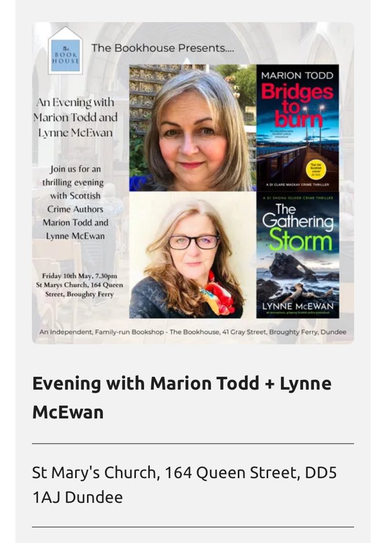 This is gonna be great. Join me and crime queen @MarionETodd for an evening of bookish banter in Broughty Ferry courtesy of The Bookhouse on Friday, May 10th. See you there 😀 thebookhousebroughtyferry.co.uk/pages/an-eveni…