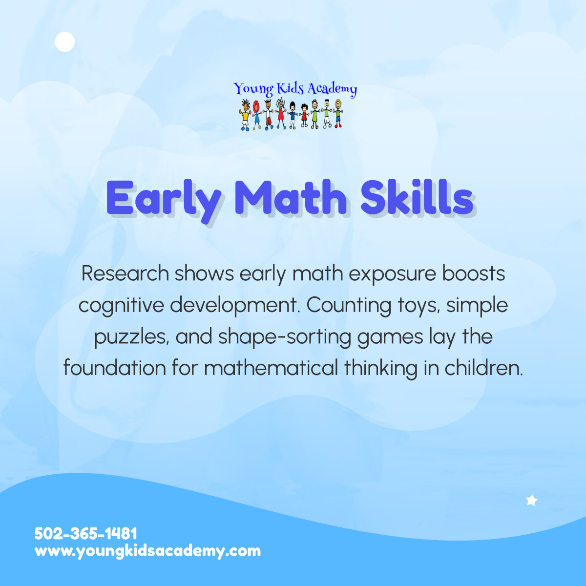 Foster your child's cognitive growth with early math activities. Engage them in counting, sorting, and shape recognition for a solid mathematical foundation. 

#LouisvilleKY #ChildCare #EarlyMath