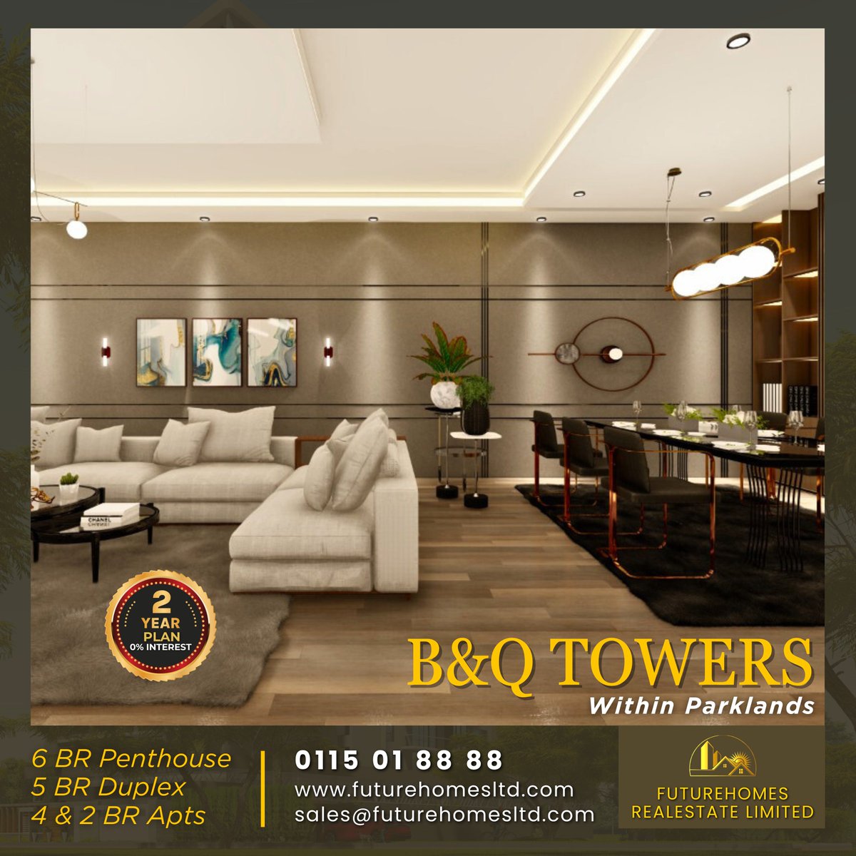 Indulge in luxury at B&Q Towers, where meticulous attention to detail meets expansive rooms. Experience unparalleled comfort and style in every corner of our thoughtfully crafted residences.

☎ +254 115 01 88 88
🌐 futurehomesltd.com
📧 sales@futurehomesltd.com