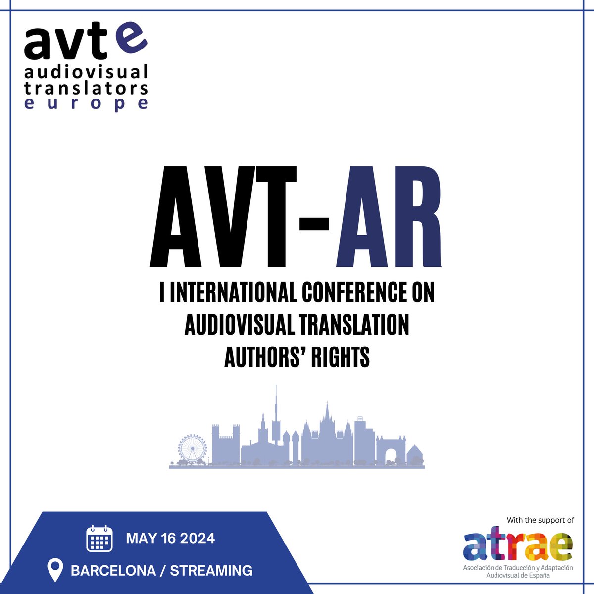 Si quieres saber más sobre derechos de autoría en España y la Unión Europea, pásate el 16 de mayo por la I Conferencia Internacional sobre los Derechos de Autoría de la Traducción Audiovisual.

📍 + info: atrae.org/i-conferencia-…