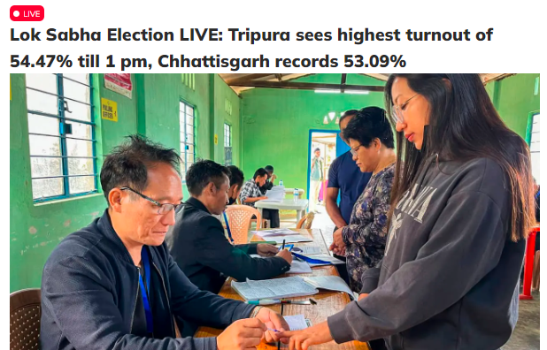 #ElectionsWithEJ: Tripura sees highest turnout of 54.47% till 1 pm, Chhattisgarh records 53.09%. #LokSabhaElections2024 Follow for LIVE updates: edtr.ai/aaab65
