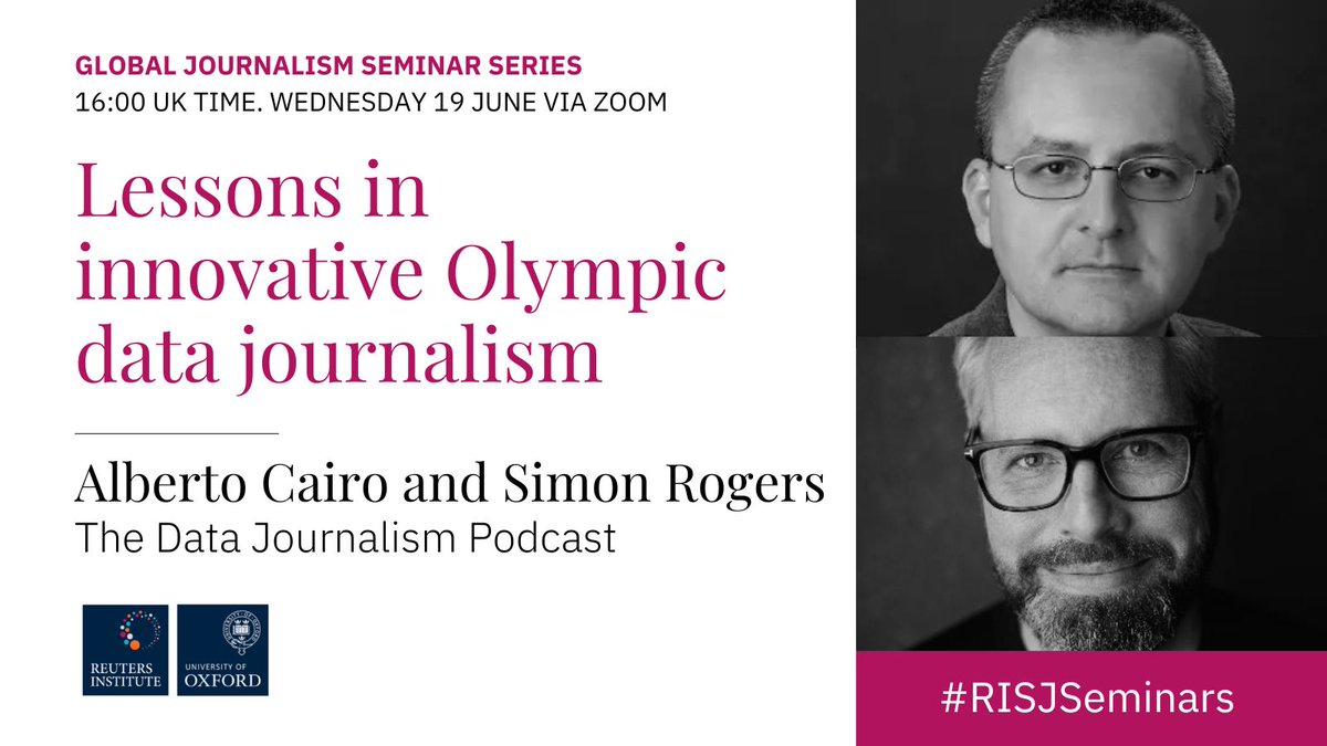🏅On the eve of #Paris2024, specialists in data visualisation @AlbertoCairo and @smfrogers will share how journalists can use this format to tell the stories of the Summer #Olympics 🕐16:00 UK time 🗓️Weds 19 June 👉🏽Sign up now: us02web.zoom.us/webinar/regist…