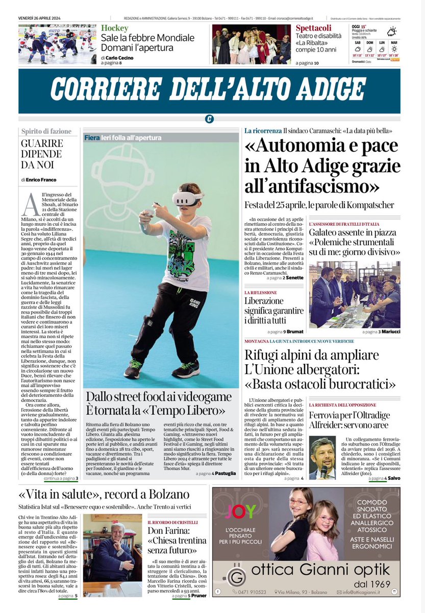 All’indifferenza si è aggiunta un’altra malattia, ossia la polarizzazione che alimenta lo spirito di fazione: quello che fanno i «nostri» va sempre bene, quello che fanno gli «altri» è sempre un male. L’editoriale del #Corriere dell’Alto Adige 
 #25aprile #Liberazione #Südtirol