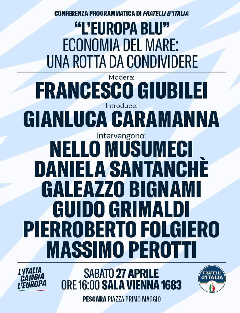 Domani a Pescara per la conferenza programmatica di Fratelli d’Italia parleremo di economia blu assieme a tanti ospiti tra cui il collega ministro Musumeci. Vi aspetto!