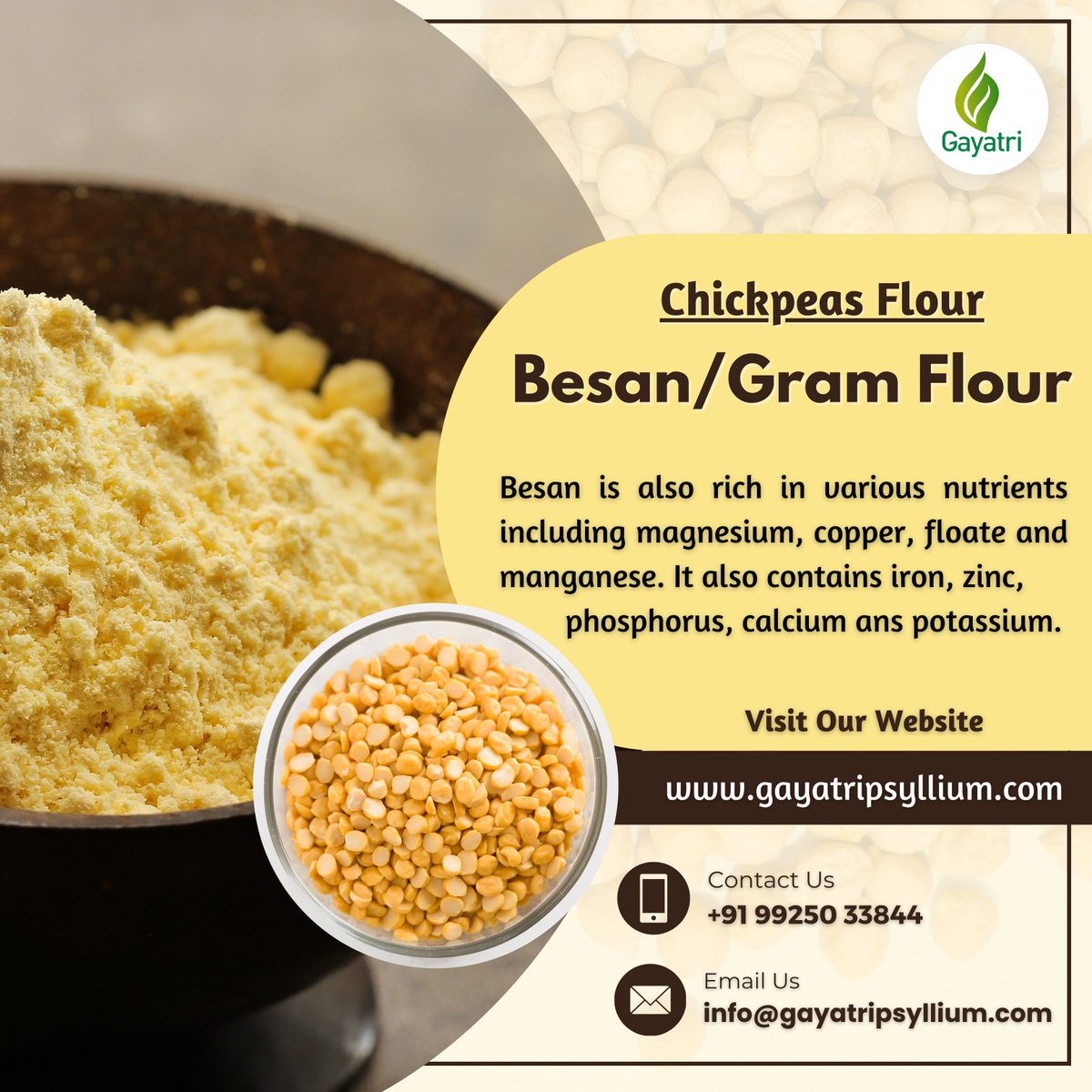 Introducing our premium #ChickpeasFlour/#GramFlour/#Besan!

Explore our #export range now 🔗 gayatripsyllium.com/products/chick…
📞 +91-992 503 3844 | +91-98250 33422
✉️ info@gayatripsyllium.com

#GayatriPsyllium #GayatriPsylliumIndustries #internationaltrade #Exporter #bulksupplier