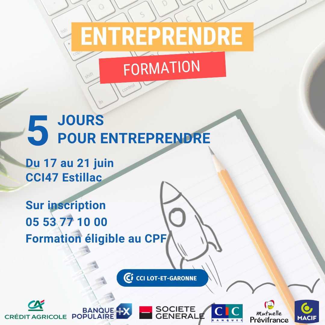 [AGENDA]
💡 La CCI47 est certifiée Qualiopi et propose un service dédié aux créateurs et repreneurs d'entreprises : la formation reconnue par l'Etat "5 jours pour entreprendre".

*** Inscription : 05 53 77 10 00 - com@cci47.fr

Session éligible au CPF, inscription obligatoire.