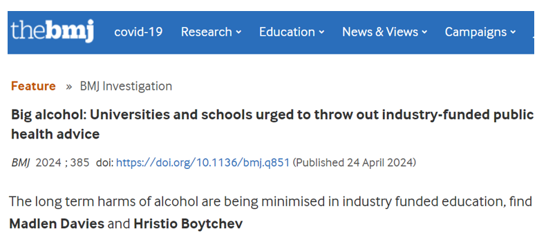 [New BMJ article] Big alcohol: universities and schools urged to throw out industry-funded public health advice drugsandalcohol.ie/40918/