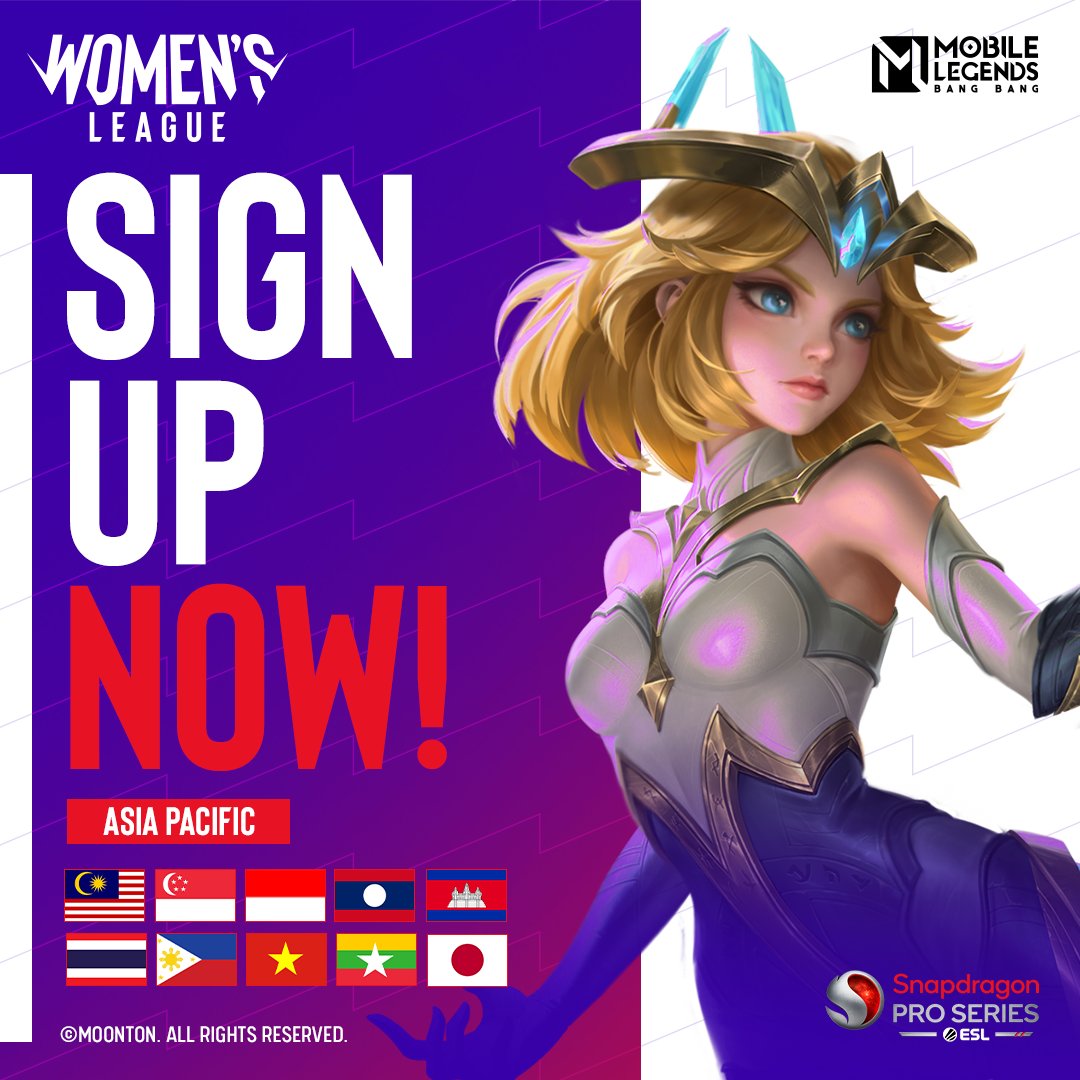 Reminder that the #SnapdragonProSeries Women's League registration closes in 3 Weeks!

Don't miss this opportunity for you and the girls to make your mark in esports history! 💥

Register here now 👉🏻 esl.gg/mlbbwomen

#Snapdragon #MLBB