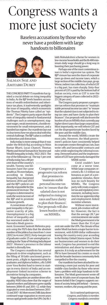 “The Congress Party argues that the roots of inequality extend to fundamental challenges such as unemployment, stagnant wages, weak investment, a hostile environment for small entrepreneurs, and a lopsided tax regime. Our manifesto lays out in clear terms how we plan to deal with…