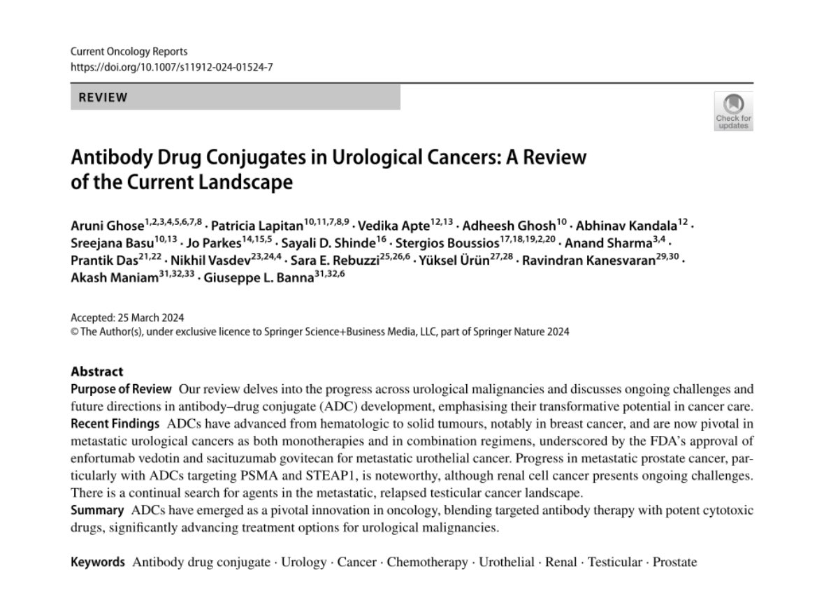 Published today - Antibody Drug Conjugates in Urological Cancers: A Review of the Current Landscape pubmed.ncbi.nlm.nih.gov/38652426/ @amg120395 @drandy2003 @ProstateUK @BAUSurology @EAU_YAUrotheli