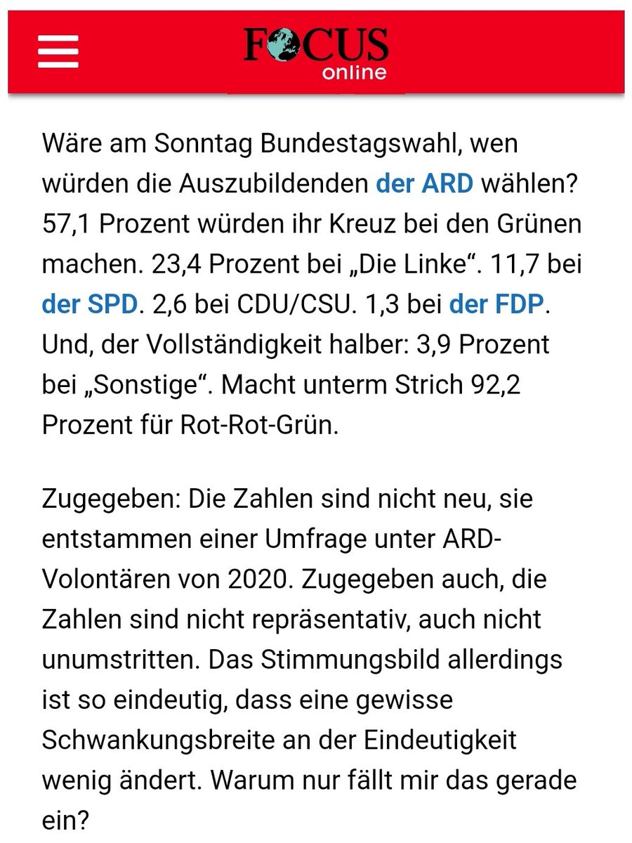 92,3% für Rot-Rot-Grün bei ARD/ZDF-Nachwuchs!
Wer wählt die Auszubildenden wohl aus und welche politische Einstellung haben die wohl?