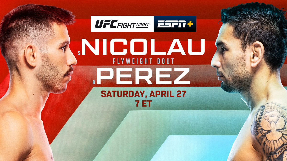Saturday, #UFCFightNight: Nicolau vs Perez live from UFC APEX in Las Vegas Prelims | 4p ET | ESPN+, ESPN2, Sirius XM Main Card | 7p ET | ESPN+, ESPN, ESPN Deportes, Sirius XM More: bit.ly/44i0vLz | #UFCVegas91