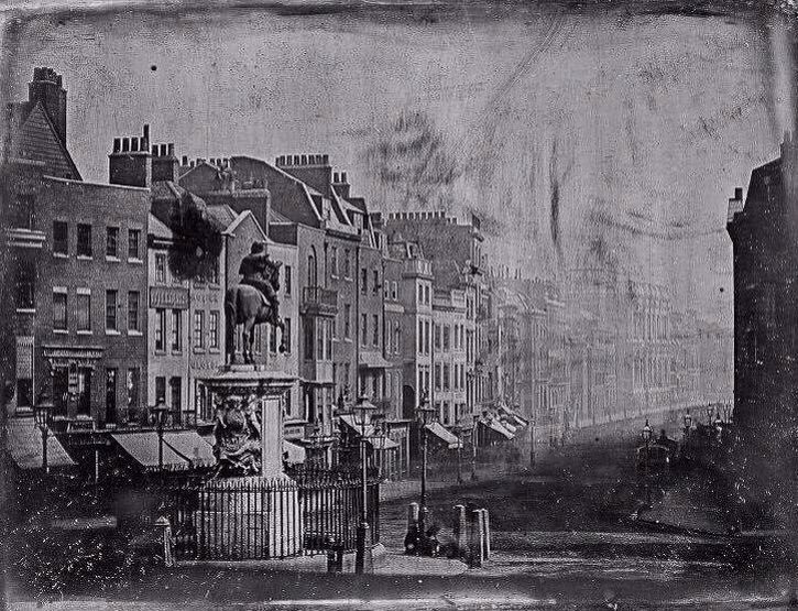 The oldest known photograph of London - Whitehall from where Trafalgar Square would later be built, taken in 1839 by M. de St. Croix. Charles Dickens was only 27 when this photo was taken.