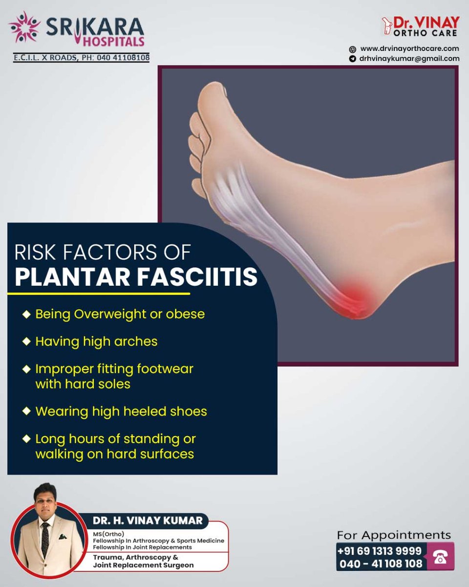 Plantar fasciitis risk factors include excessive running, high-impact activities, obesity, flat feet, tight calf muscles, and improper footwear. 
Book your appointment now
Call: +91 6913139999
040 411 08 108
#drvinay #ecil #PlantarFasciitis #FootHealth #InjuryPrevention #Fitness