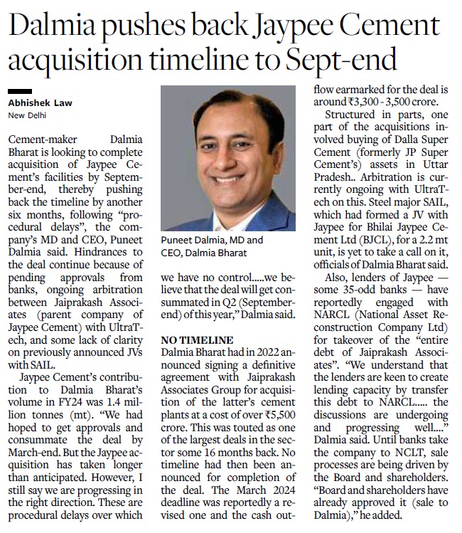 Dalmia Bharat acquisition of cement assets in Jaypee cement pushed to Sept-24 end. Regulatory approvals still pending. 

No reco

#FCSS Invest in Special Situations Strategy:  fintrekkcapital.smallcase.com