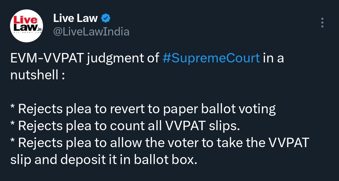 जैसा कि आप लोगों ने कहा था, ठिक वैसा ही फैसला आज सुप्रीम कोर्ट ने दिया है. 1) बैलेट पेपर से चुनाव नहीं कराया जायेगा. 2) VVPAT की 100% गिनती नहीं होगी. 3) मतदाता को VVPAT स्लिप नहीं दी जायेगी. सुप्रीम कोर्ट का यह फैसला संविधान विरोधी, देश विरोधी व लोकतंत्र विरोधी है. धिक्कार!