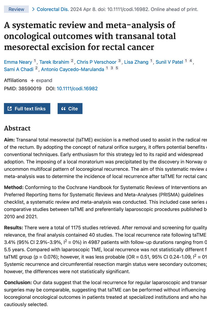 A meta-analysis of transanal total mesorectal excision (taTME) for rectal cancer shows a comparable local recurrence rate to laparoscopic TME. taTME may offer a viable alternative without impacting oncological outcomes. #RectalCancer #taTME #SurgicalInnovation