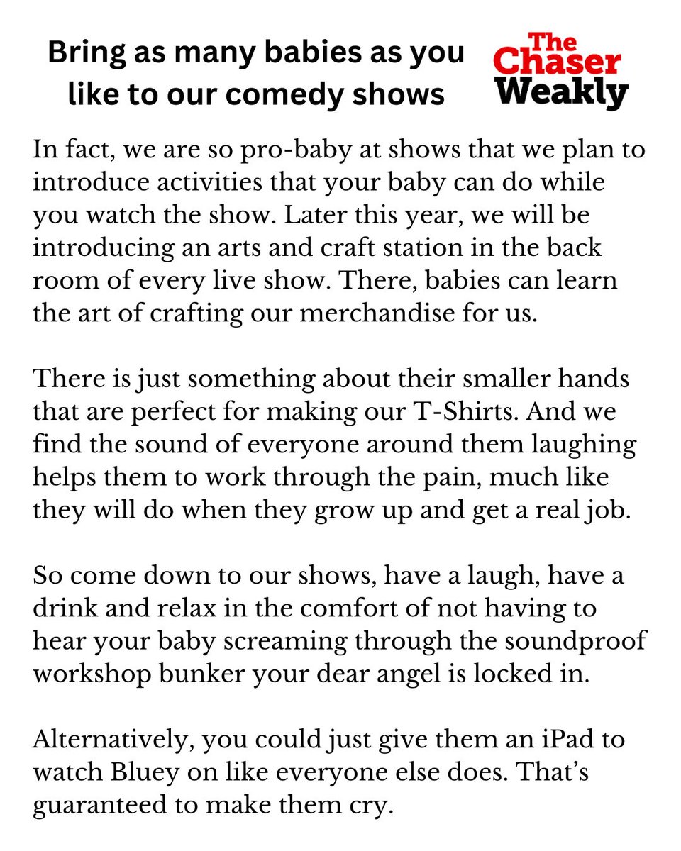 Statement: Bring as many babies as you like to our comedy shows!