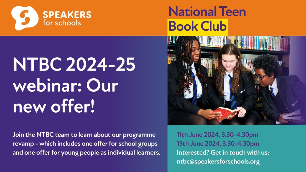 Educators! Join the #NationalTeenBookClub team for a free webinar detailing our programme revamp for the academic year 24/25.💡

📆 11th June OR 13th June 2024
🕞 3:30 - 4:30pm

Sign up 👉 bit.ly/3xXLX7G

#SpeakersforSchools #edutwitter #educhat #NTBC #bookclub