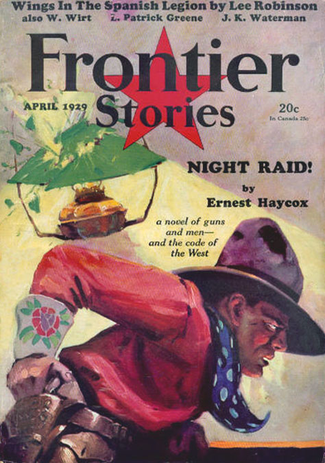 In #APRIL 1929 ‘Night Raid! By Ernest Hatcox. A novel of guns and men - and the code of the West’ Cover of Frontier Stories, April 1929 Illustration by H. C. Murphy (1886-1931) #illustration #illustrationart #illustrationartists #HCMurphy #pulps #Westerns #OldWest #cowboys