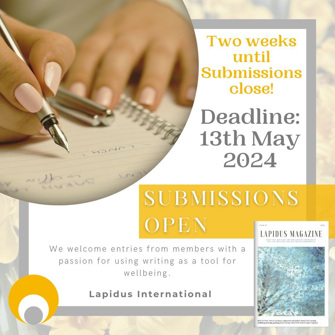 Submissions for the next issue of the Lapidus Magazine are open for just over two more weeks! We welcome entries from all of our members. Interested? Use the link below for submission details: lapidus.org.uk/members/magazi… #WritingCommunity #Writing #Writer #WritingForWellbeing