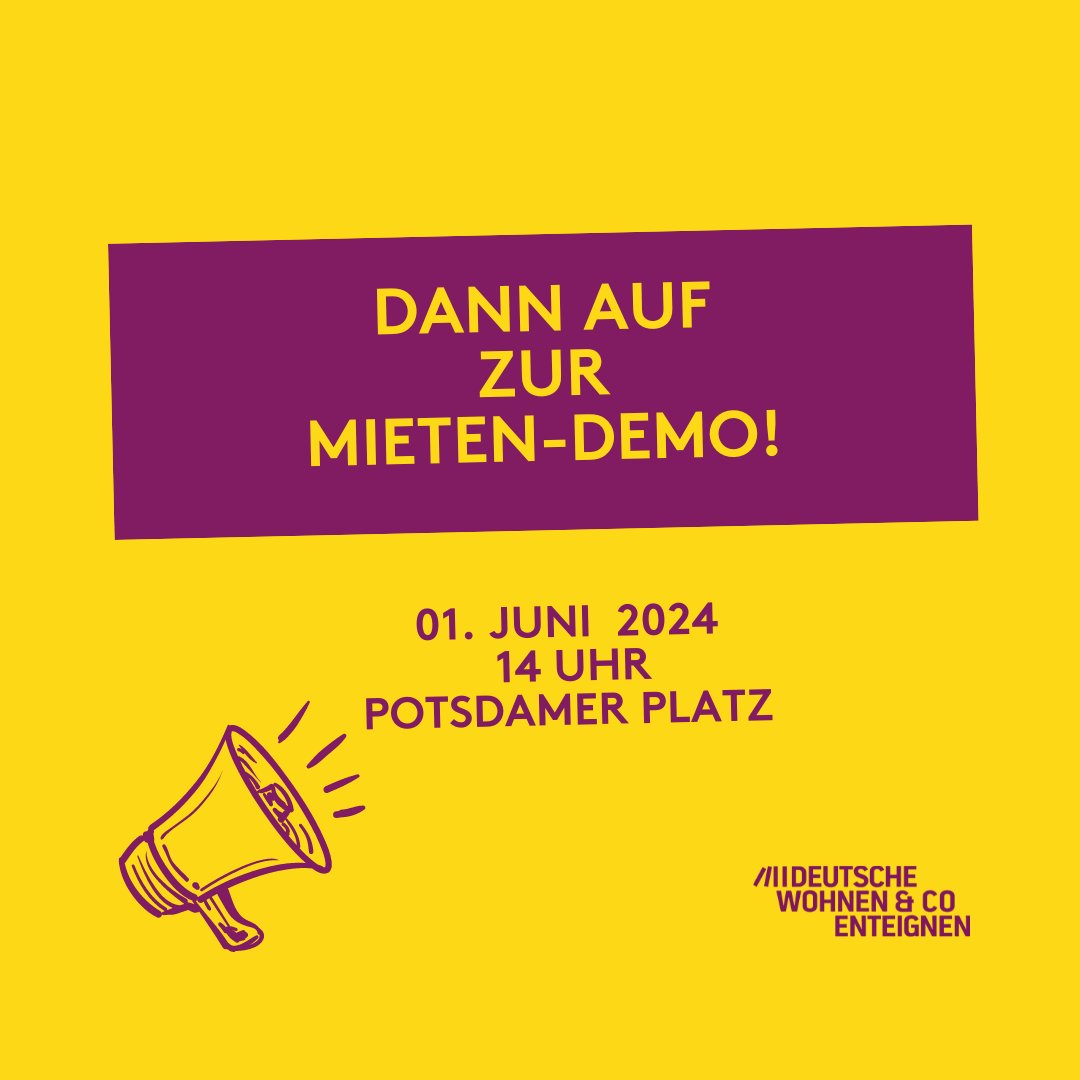 💜💛 Für bezahlbaren Wohnraum für Alle 💛💜
Die Miete ist zu hoch !
Kommt alle zur großen ✨️Mietendemo in Berlin & lasst uns gemeinsam gegen den #Mietenwahnsinn protestieren! 
🌈 Samstag 01.06.24 ll 14:00 Uhr ll Postdamer Platz
#Vergesellschaftung #deutschewohnenenteignen