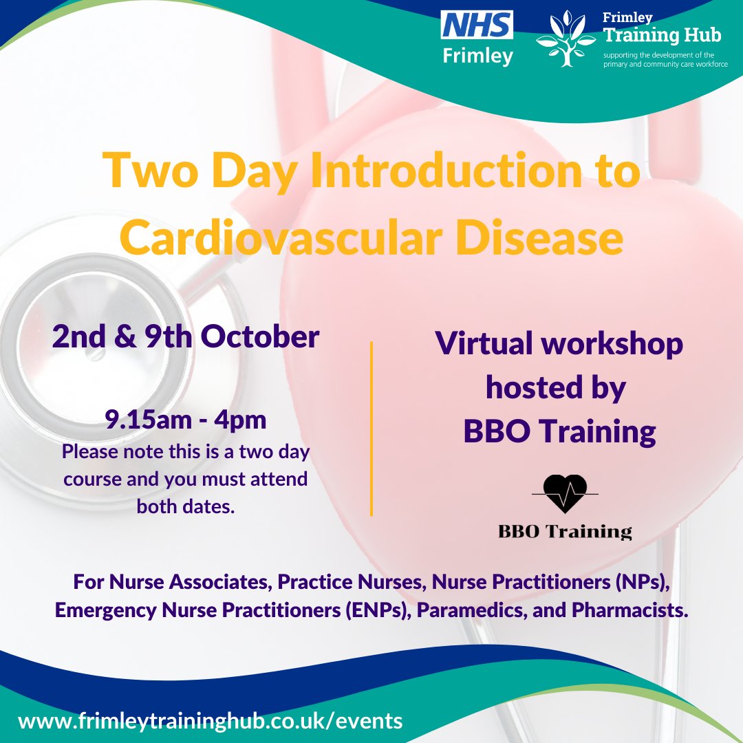 This two day course is designed to provide a holistic approach to cardiovascular diseases. For more information and to book, use the link or visit our website. bit.ly/3vNpkm0 #LearningNeverEnds #Cardiovascular #Training