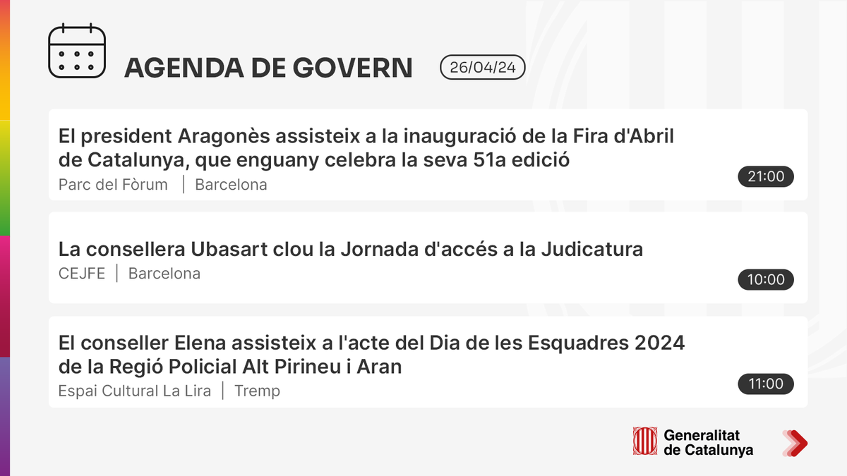 📆 Bon dia. El #president @perearagones assisteix aquest divendres a la Fira d'Abril de Catalunya que es fa a Barcelona 👉 Consulta l'agenda del #Govern aquí: tuit.cat/vXm01