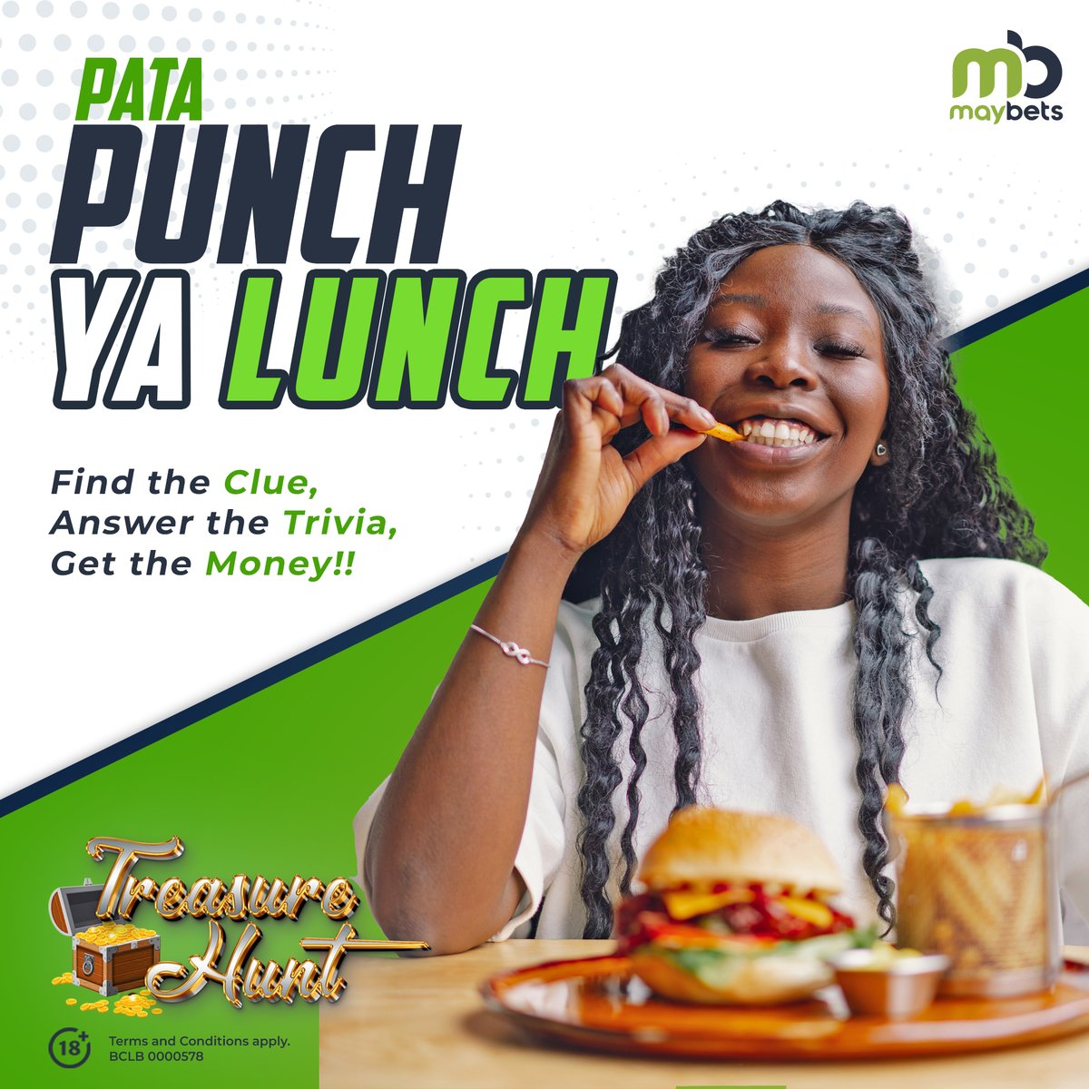 Ni ka-Friday ka burger na kudanganya tumbo! Shikeni hii 𝐏𝐮𝐧𝐜𝐡 𝐲𝐚 𝐋𝐮𝐧𝐜𝐡! Ingia mjengo, bit.ly/karibu-maybets , piga Treasure Hunt hatari, toka hapo ndani na KES 500. Haina story mob! #Maybets | #MaybetsImekamThru