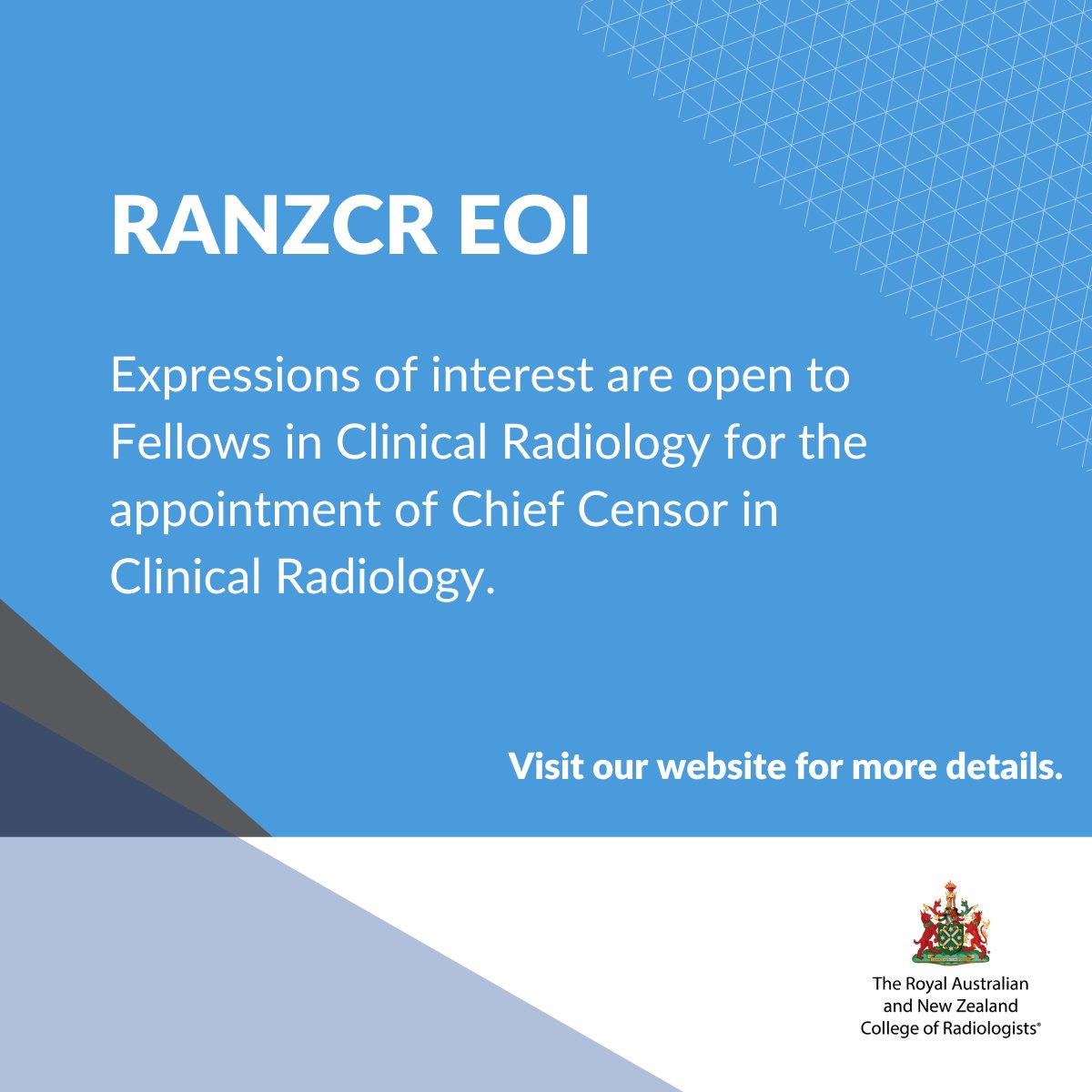 Expressions of interest are open to Fellows in Clinical Radiology for the appointment of Chief Censor in Clinical Radiology. Learn more here: ow.ly/KBQL50RoJcI #RANZCR #Radiology