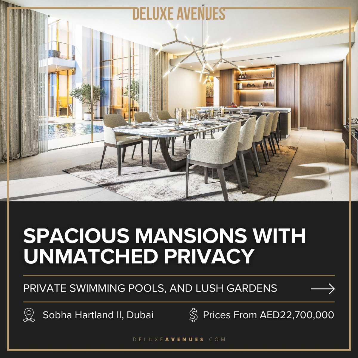 🔑 Experience unparalleled privacy at #SobhaEstates where each villa offers spacious living with no shared walls, private swimming pools, and lush gardens.

👉 Learn more at davenues.com/dubai/sobha-es…

#DeluxeAvenues #RealEstate #Investment #Dubai #DubaiRealEstate #DubaiAvenues