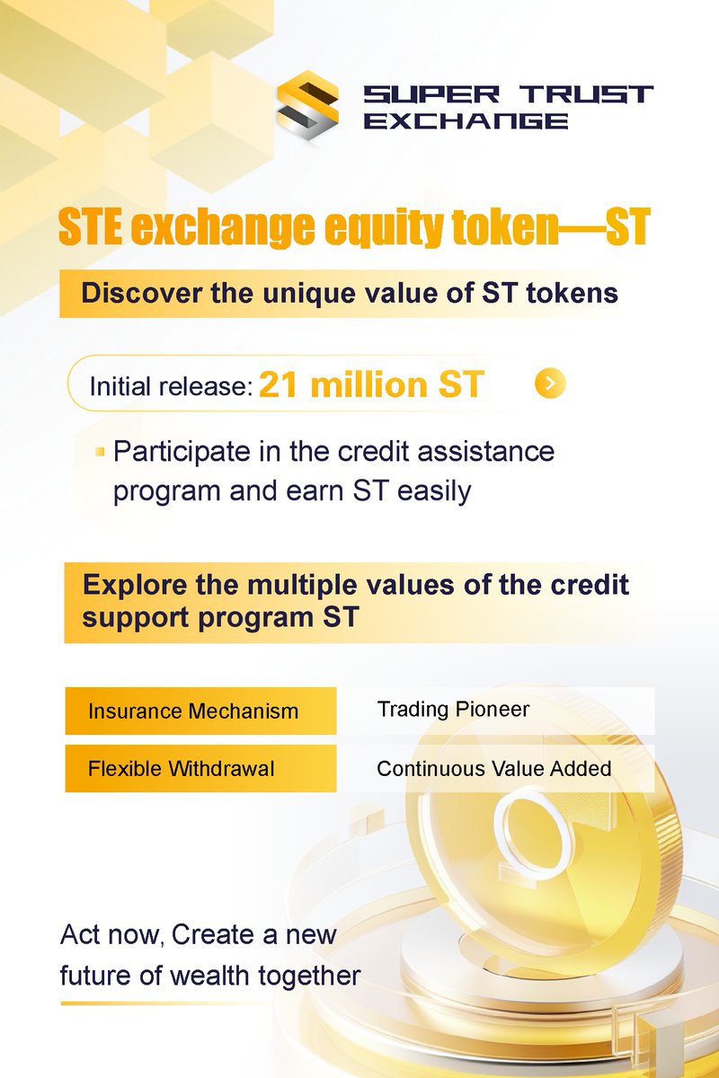 STE_EXOfficial's tweet photo. Introducing STE - the Super Trust Exchange! 🚀 Initial release of 21 million ST tokens. Participate in the Credit Assistance Program and effortlessly earn ST. Take action now to shape a new future of wealth! 💼💰 #STEExchange #STToken #WealthCreation https://t.co/DreJ27eDoj