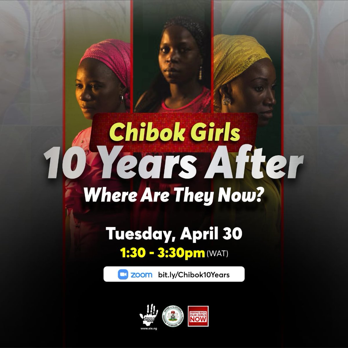 10 years after, where are they? Hear the courageous stories of survival from #ChibokGirls like Patience, Grace & Rebecca, rescued after years held by Boko Haram. The 90 still in captivity, their freedom must be won. 💔 ✊️ Tuesday, April 30 at 1:30pm | bit.ly/Chibok10Years