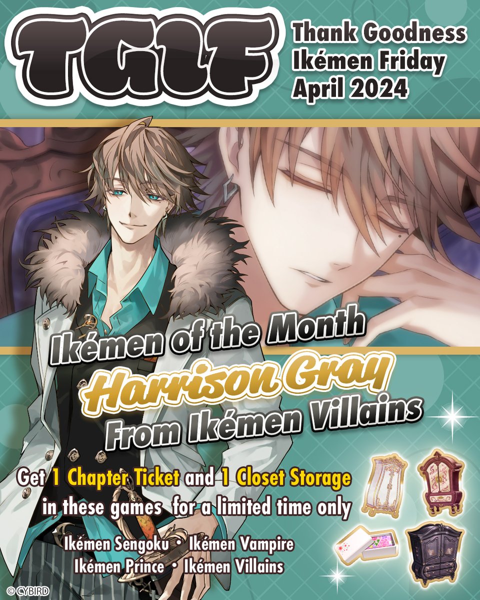 cyikemen_en's tweet photo. Happy TGIF: Thank Goodness Ikemen Friday🎉

Every month we will be showcasing Ikemen from all the Ikemen Series!     

This month's is... Harrison from Ikemen Villains!

Every last Friday login from 5:00PM JST to get your free bonuses!🎁

Who do you want to see?
#ikevil #otome https://t.co/Lvy4aDK2TB