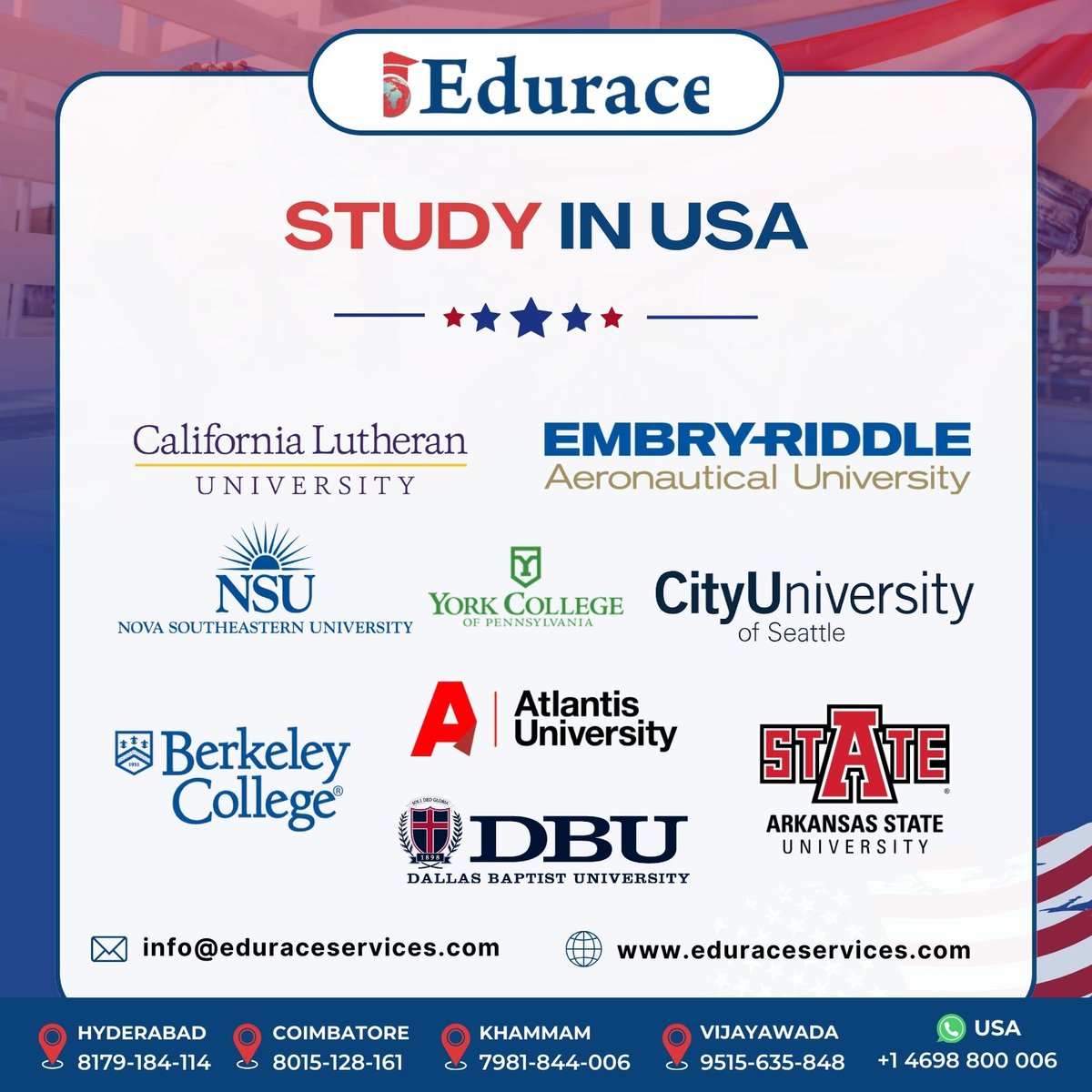 Unlock your potential and study in the USA! 🎓✨ Now accepting applications for the September 2024 intake. Your journey to academic excellence starts here.

#study #studyabroad #studygram #studyinusa #students #studentslife #overseaseducation #globalcareer #eduraceservices