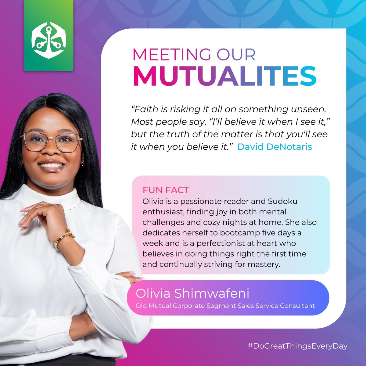 🌟 Meet Olivia Shimwafeni, our Sales Service Consultant in the Corporate Segment Space of Old Mutual Namibia! 🌟 With a Bachelor’s and Honours degree in Business Administration, Olivia is on a mission to become a Financial Literacy Specialist. Her career at the Green Machine…